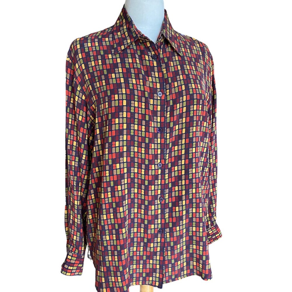 Field Manor 100% Silk Button Down Shirt Sz M Abstract Geometric Earth Tone Fall